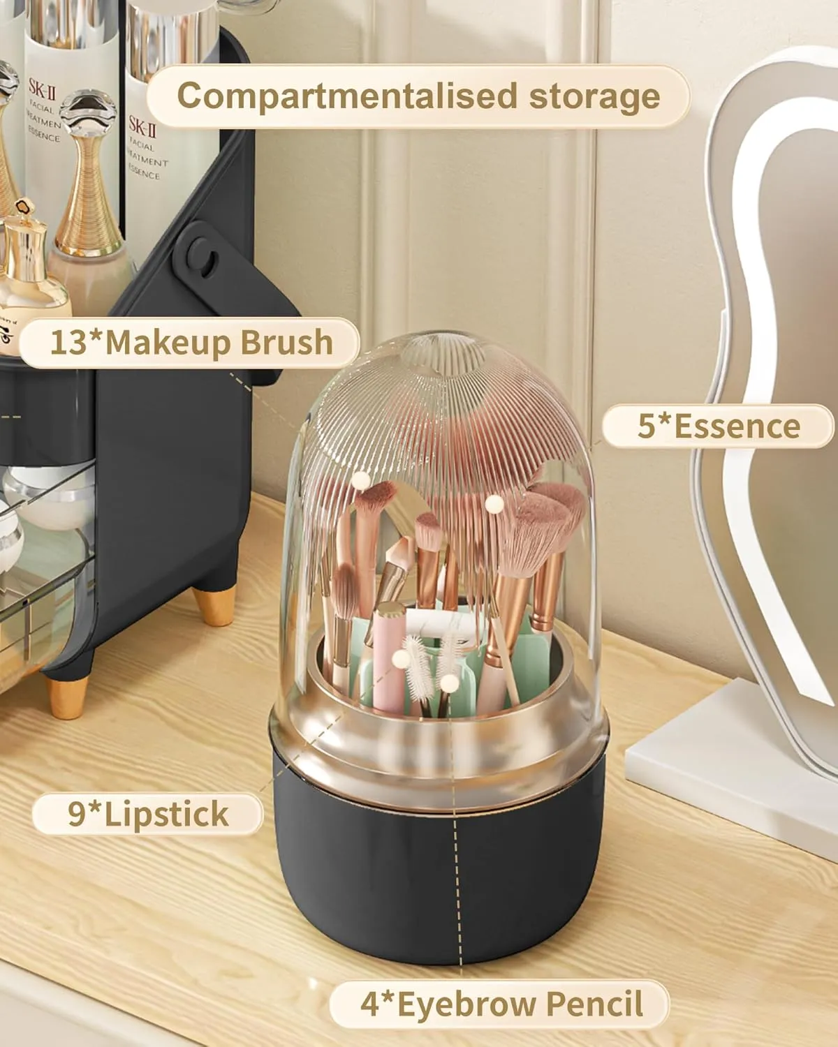 Makeup Brush Holder for Vanity - 360 Rotating Makeup Brush Organizer (Thicken Upgraded), Toothbrush Holder with Cover, Cosmetic Organizer (black)