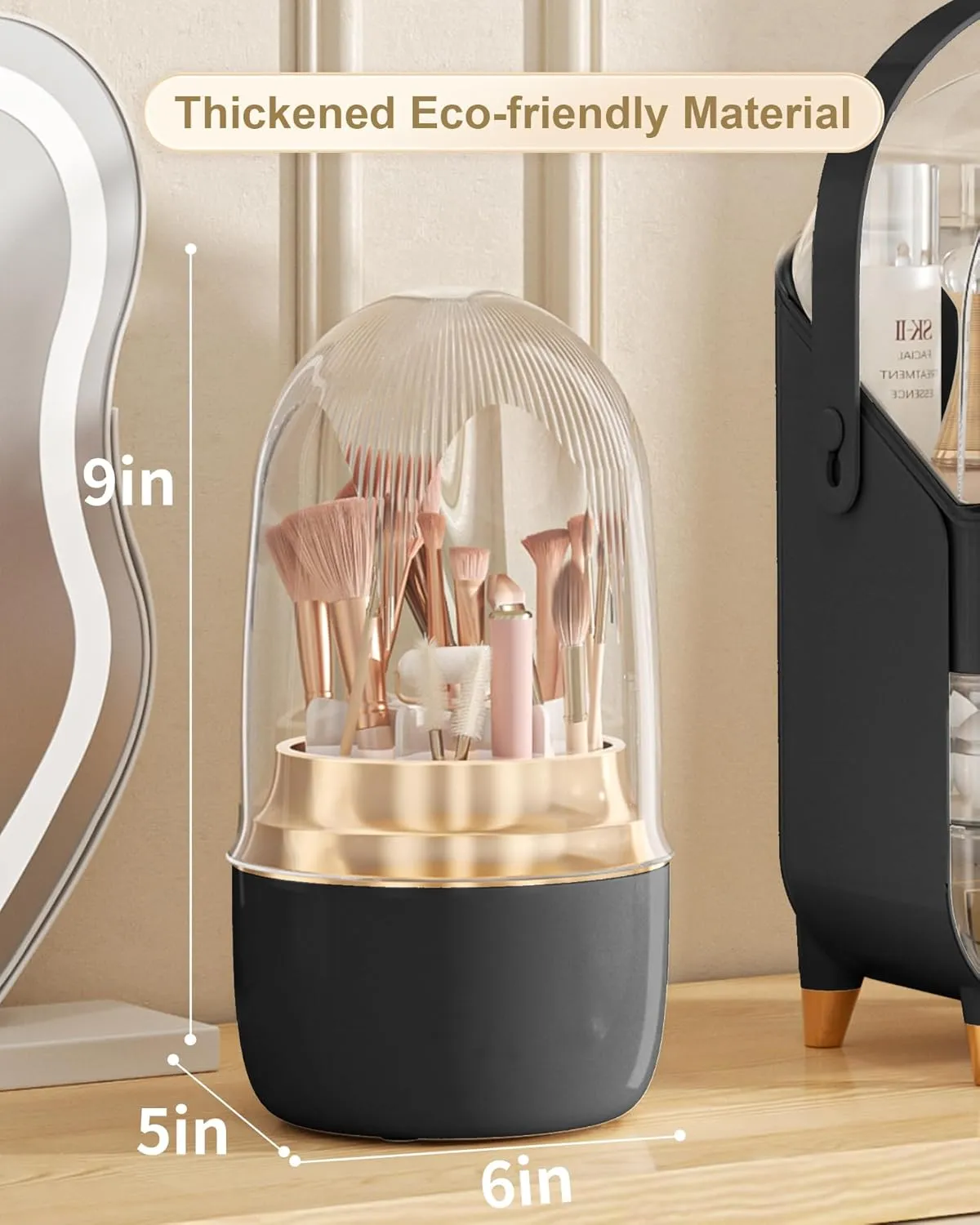 Makeup Brush Holder for Vanity - 360 Rotating Makeup Brush Organizer (Thicken Upgraded), Toothbrush Holder with Cover, Cosmetic Organizer (black)
