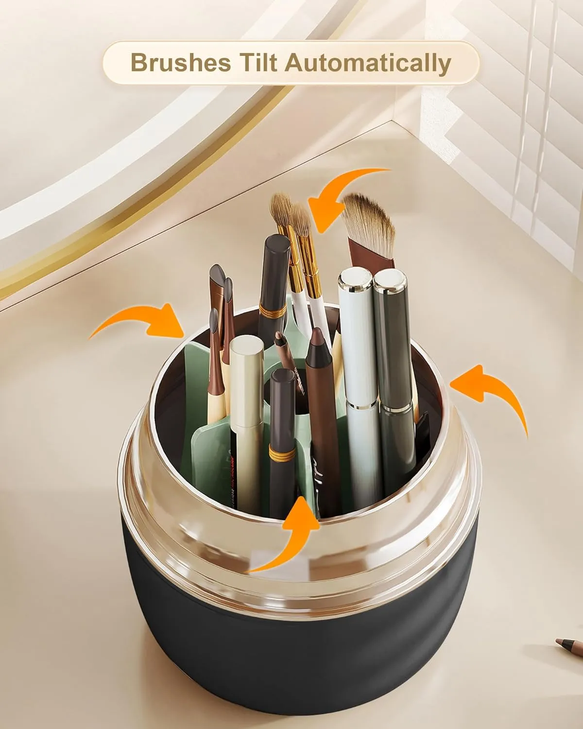 Makeup Brush Holder for Vanity - 360 Rotating Makeup Brush Organizer (Thicken Upgraded), Toothbrush Holder with Cover, Cosmetic Organizer (black)
