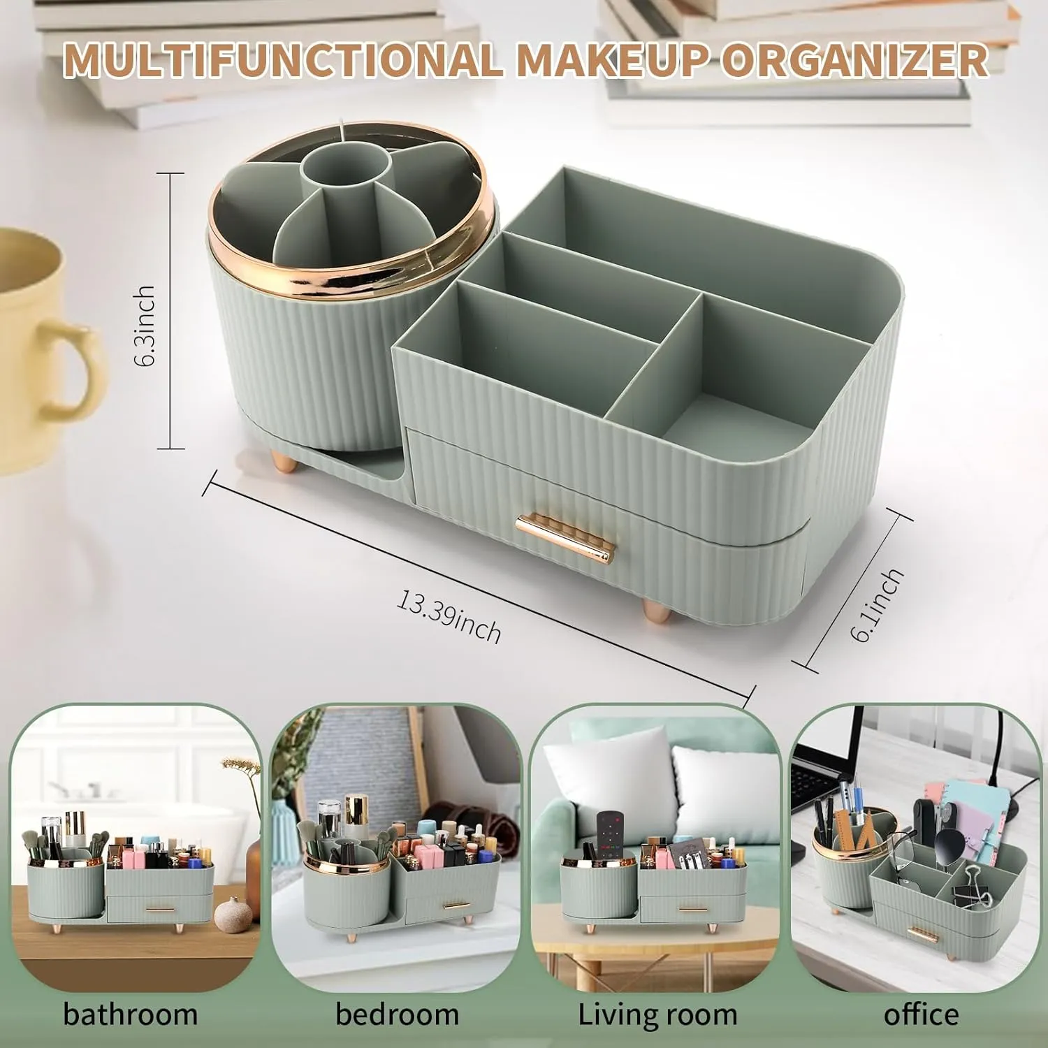 Makeup Organizer for Vanity, Cosmetic Display Case with Drawers, Fits Makeup, Skincare Products, Brushes, Lipsticks, and Other Accessories, Versatile Storage Solution (Green)