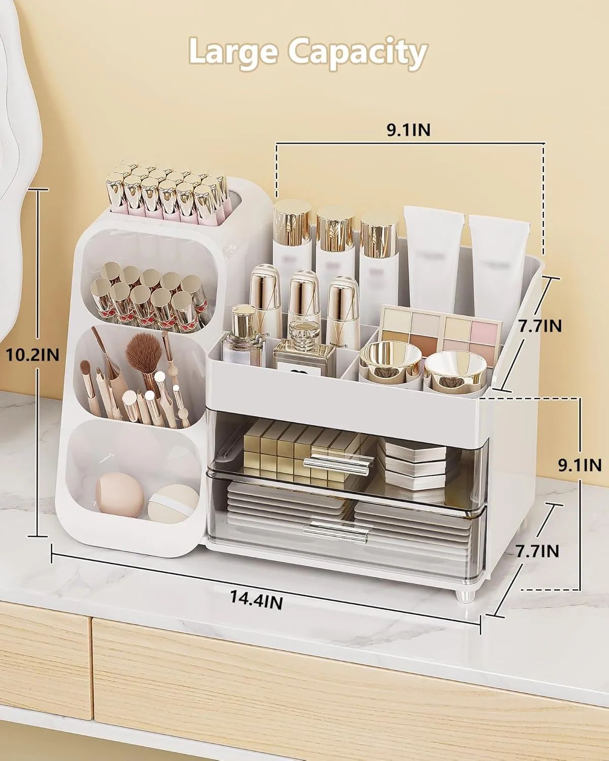 Makeup Organizer with Drawers, Skincare Organizer (Large Size Thick), Storage Box Cosmetic Display Cases, Make up Organizers for Vanity, Dresser, Desk, Kitchen, Countertop (White)
