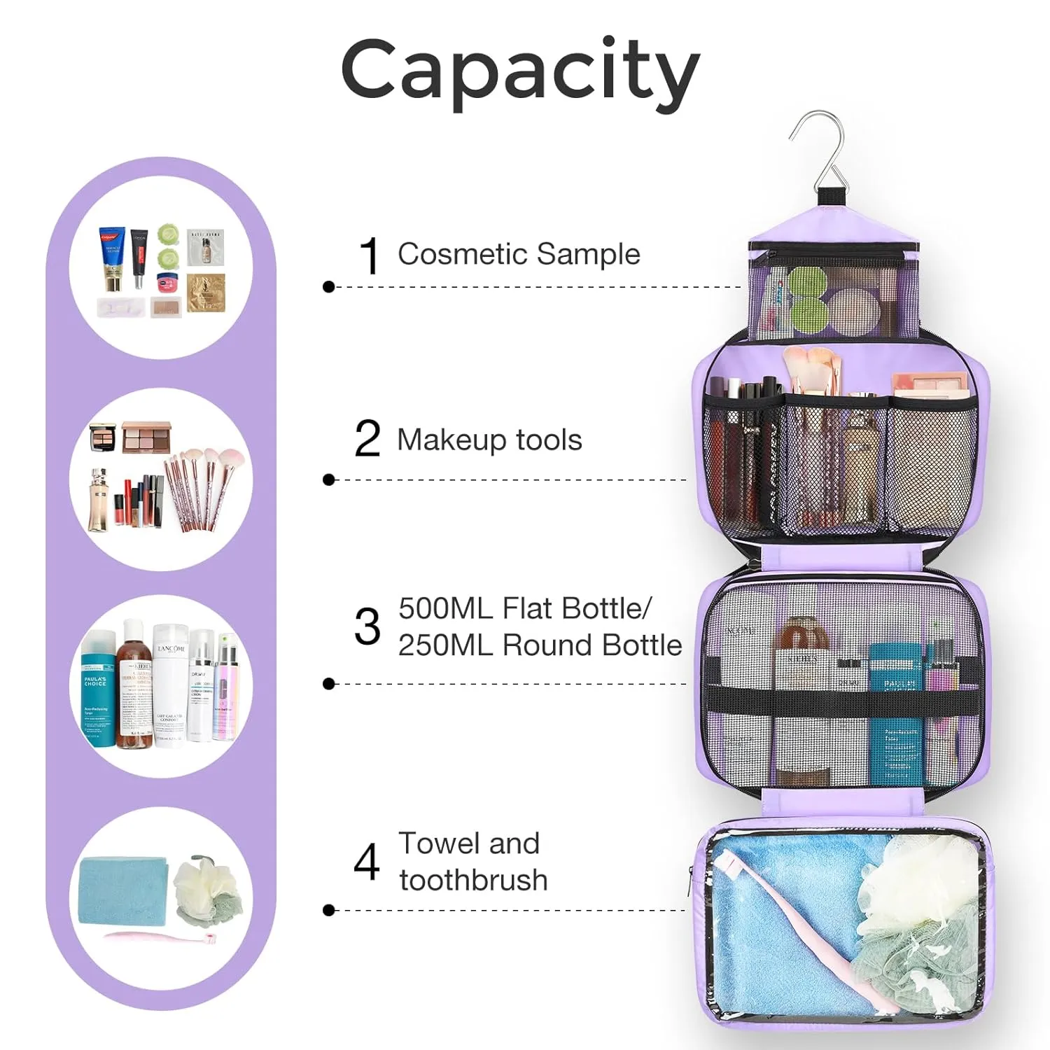 Maliton Travel Toiletry Bag for Women, Hanging Toiletry Bag with 4 Compartments, Portable and Waterproof Compact travel Bathroom Organizer,Ideal for Travel or Daily Life(Purple)