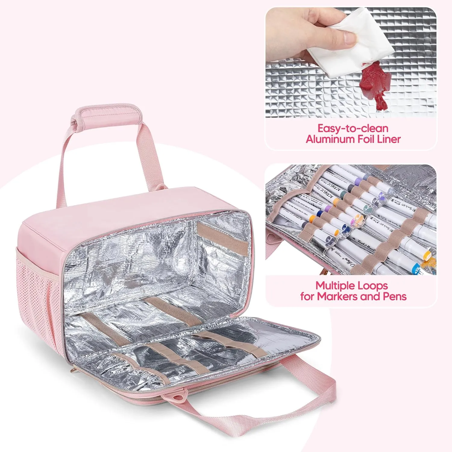 Marker Organizer Case Holding up to 216 Markers, Marker Storage Carrying Bag, Large Marker Holder with Shoulder Strap, Pink