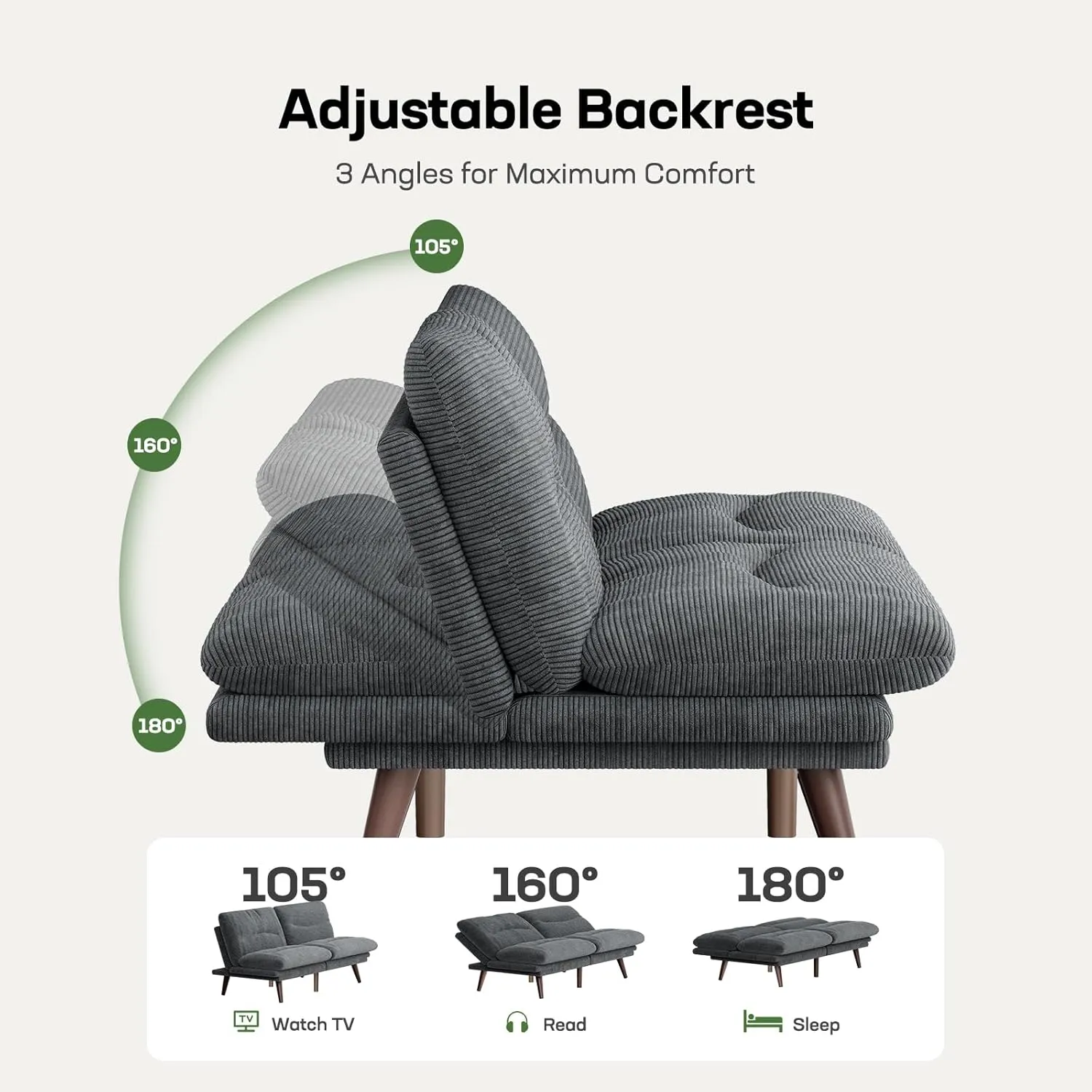 Marsail Futon Sofa Bed, Futon Couch with Adjustable Backrest & Armrests, Convertible Small Sleeper Sofa Bed for Small Apartments, Study Room, Office, Corduroy Loveseat, Grey