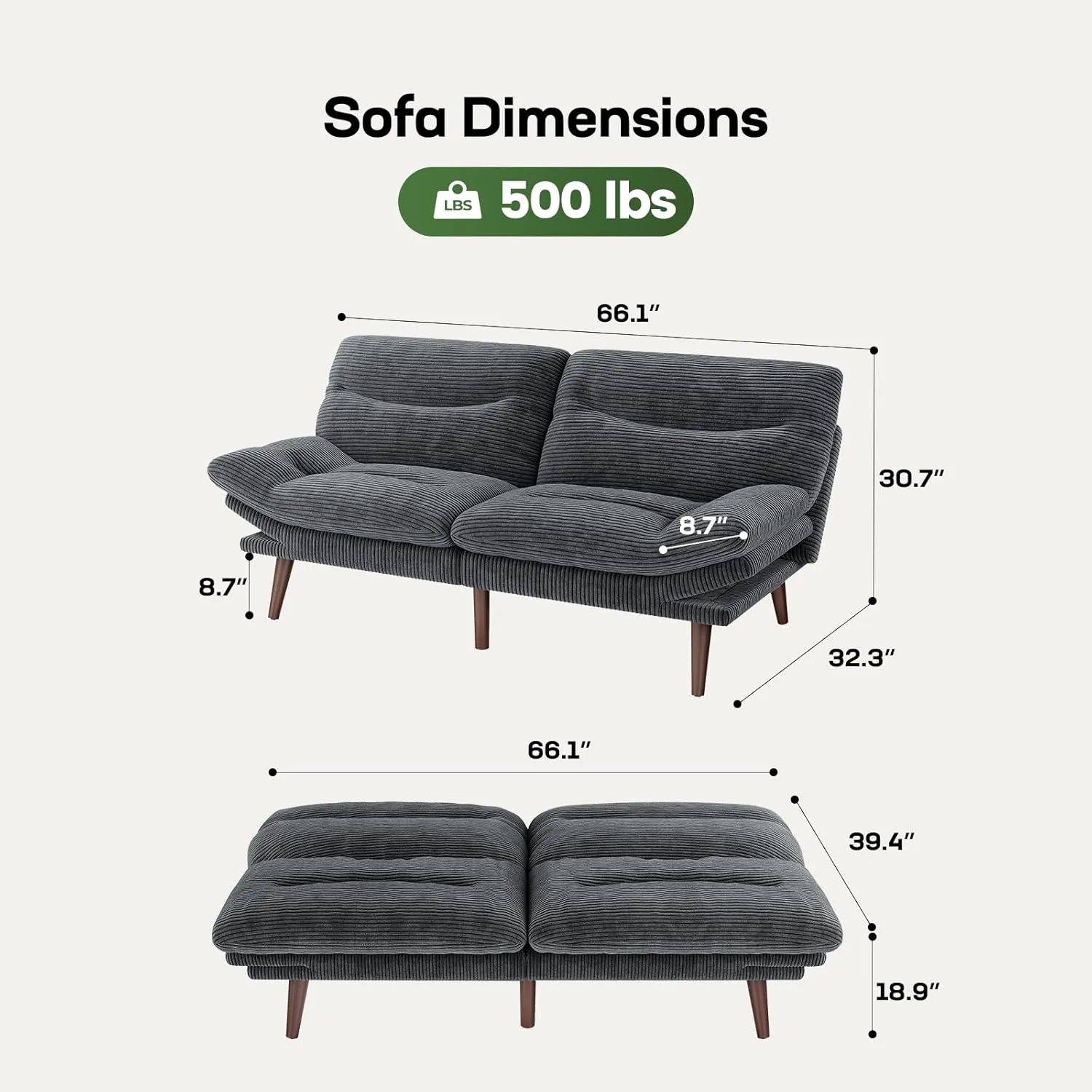 Marsail Futon Sofa Bed, Futon Couch with Adjustable Backrest & Armrests, Convertible Small Sleeper Sofa Bed for Small Apartments, Study Room, Office, Corduroy Loveseat, Grey