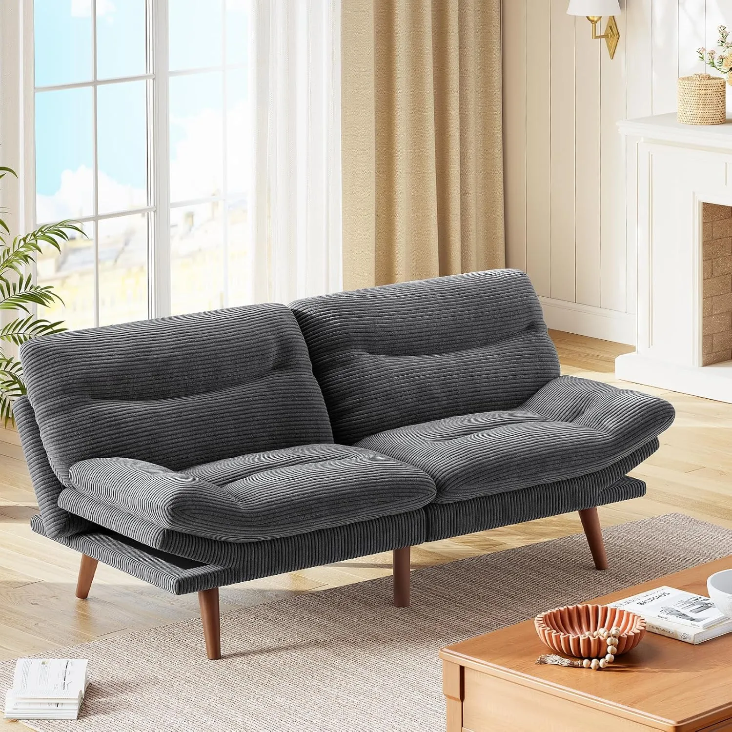 Marsail Futon Sofa Bed, Futon Couch with Adjustable Backrest & Armrests, Convertible Small Sleeper Sofa Bed for Small Apartments, Study Room, Office, Corduroy Loveseat, Grey