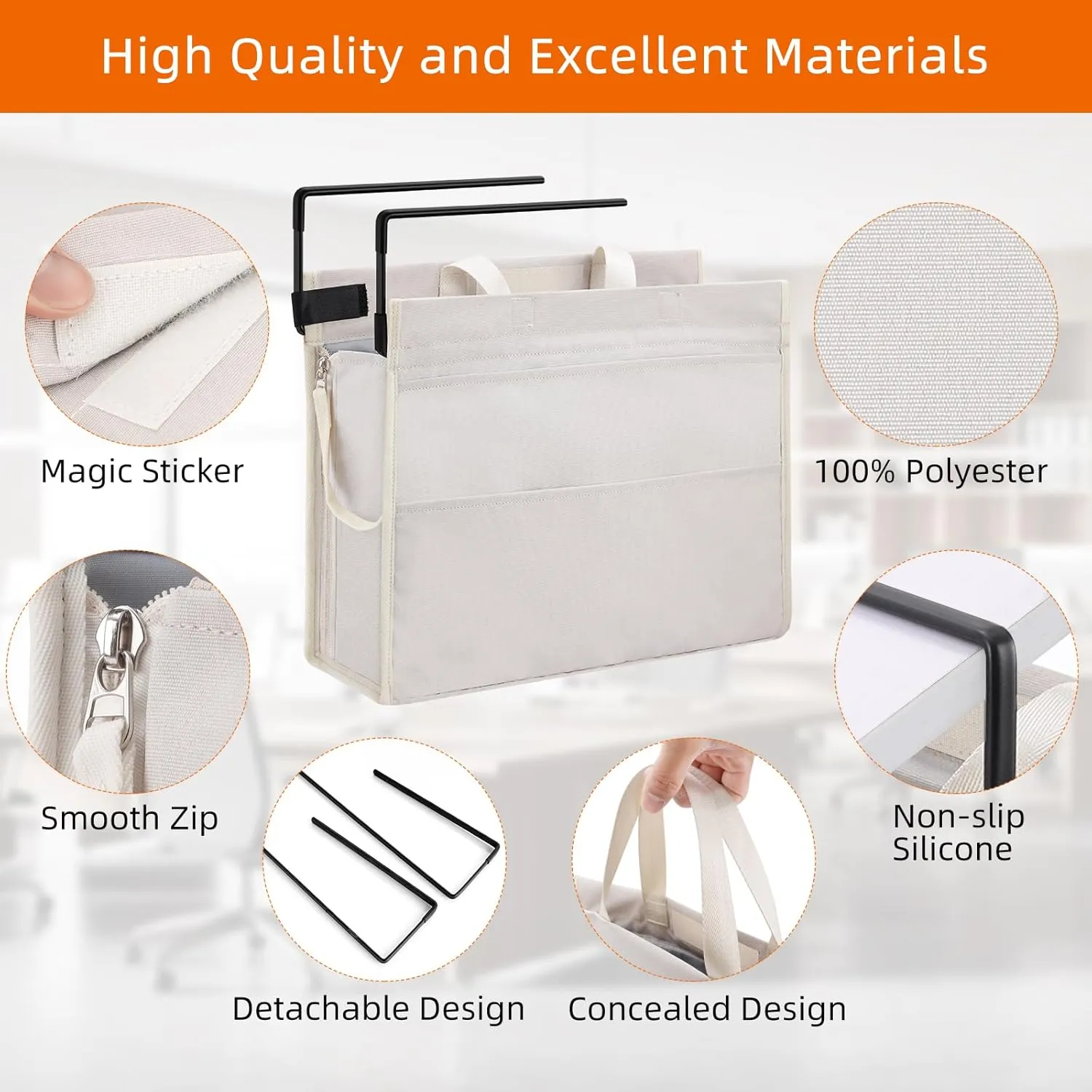 MASTLU Under Desk Hanging Storage Bag, Desk Organizer Storage, Office Side Storage Bag, Compatible with A4 Files, Detachable Handle Design, No Assembly Required, For Office Home School (Beige)