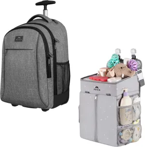 MATEIN Rolling Backpack, Water Resistant Travel Laptop Back Pack with Wheels, Large Roller College Backpack, Hanging Diaper Caddy, Portable Diaper Organizer Stacker, Nursery Storage for Changing Table