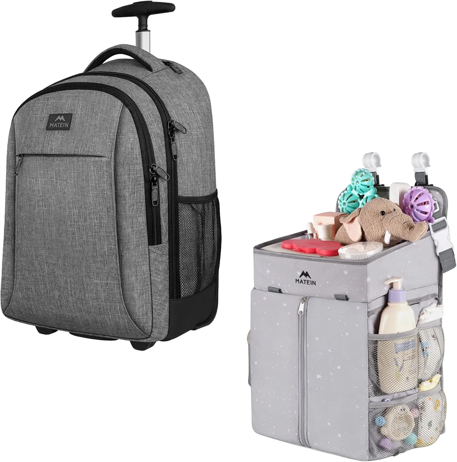 MATEIN Rolling Backpack, Water Resistant Travel Laptop Back Pack with Wheels, Large Roller College Backpack, Hanging Diaper Caddy, Portable Diaper Organizer Stacker, Nursery Storage for Changing Table