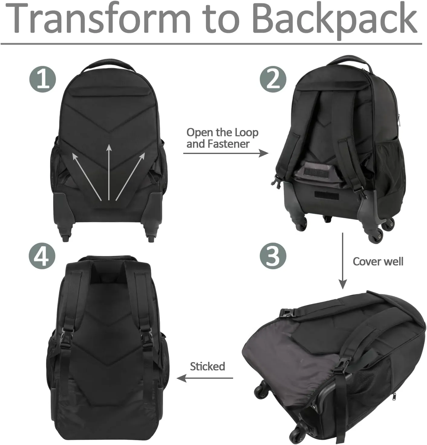 MATEIN Rolling Backpack with 4 Wheels, 17 inch Roller Travel Laptop Backpack for Women Men, Large Water Resistant Business Wheeled Bag, Airline Approved Carry on Luggage Suitcase Bag, Black