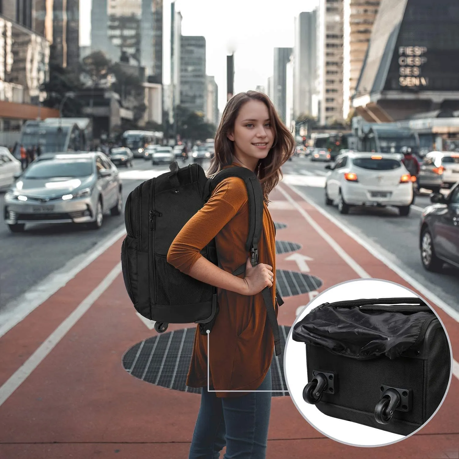 MATEIN Rolling Backpack with 4 Wheels, 17 inch Roller Travel Laptop Backpack for Women Men, Large Water Resistant Business Wheeled Bag, Airline Approved Carry on Luggage Suitcase Bag, Black