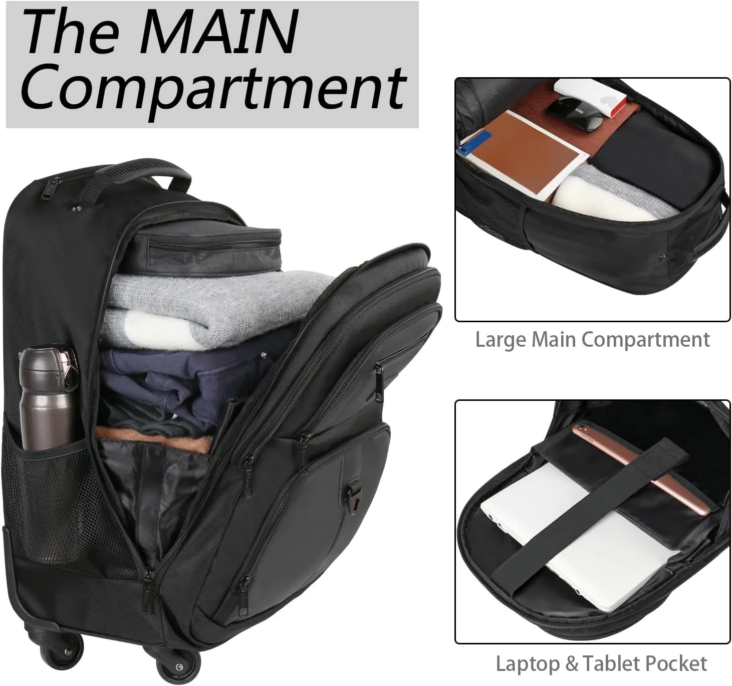 MATEIN Rolling Backpack with 4 Wheels, 17 inch Roller Travel Laptop Backpack for Women Men, Large Water Resistant Business Wheeled Bag, Airline Approved Carry on Luggage Suitcase Bag, Black