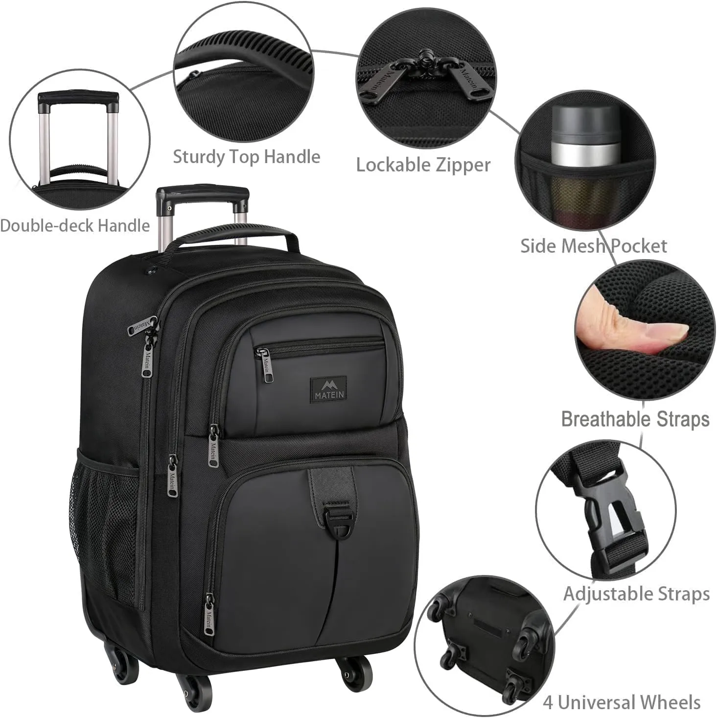 MATEIN Rolling Backpack with 4 Wheels, 17 inch Roller Travel Laptop Backpack for Women Men, Large Water Resistant Business Wheeled Bag, Airline Approved Carry on Luggage Suitcase Bag, Black