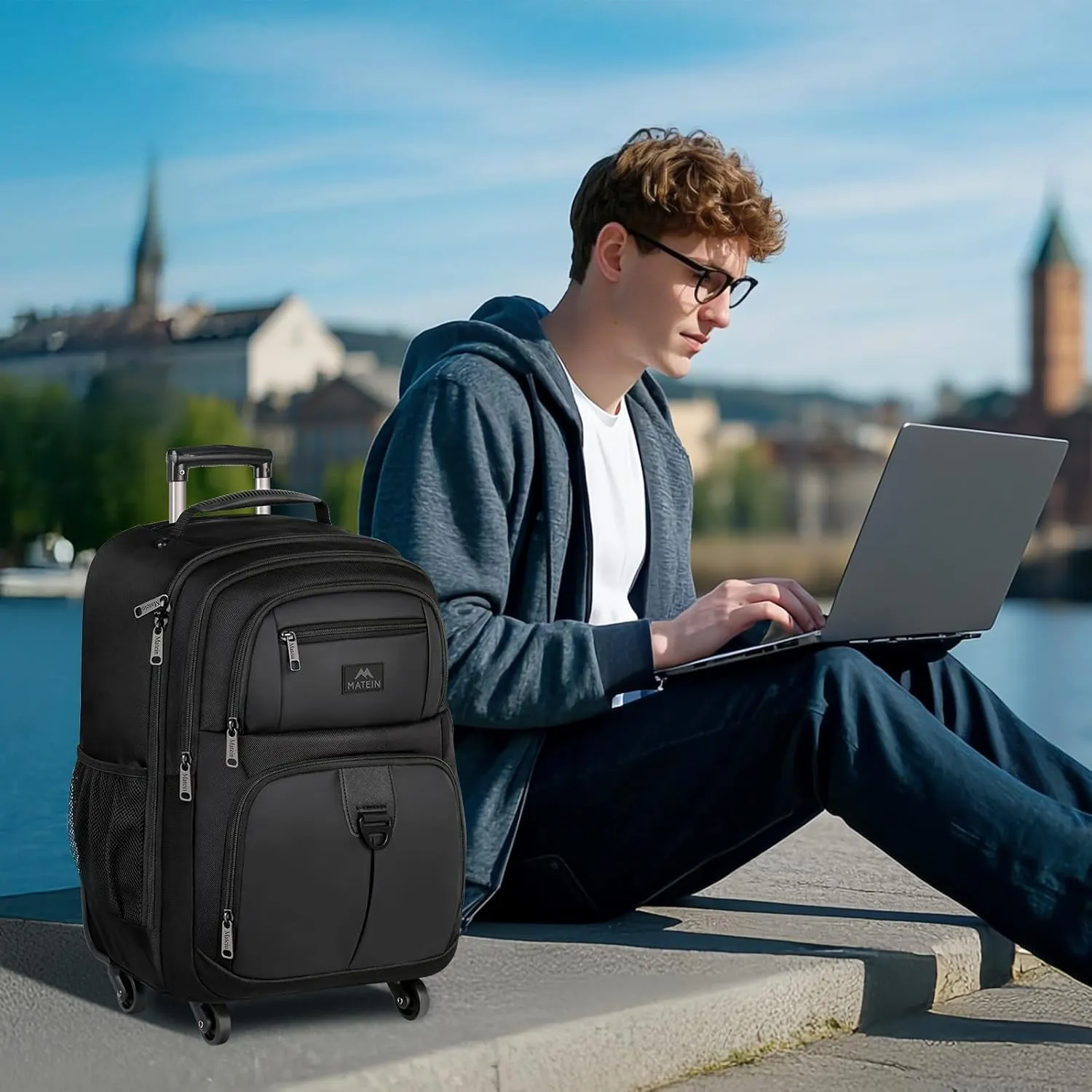 MATEIN Rolling Backpack with 4 Wheels, 17 inch Roller Travel Laptop Backpack for Women Men, Large Water Resistant Business Wheeled Bag, Airline Approved Carry on Luggage Suitcase Bag, Black