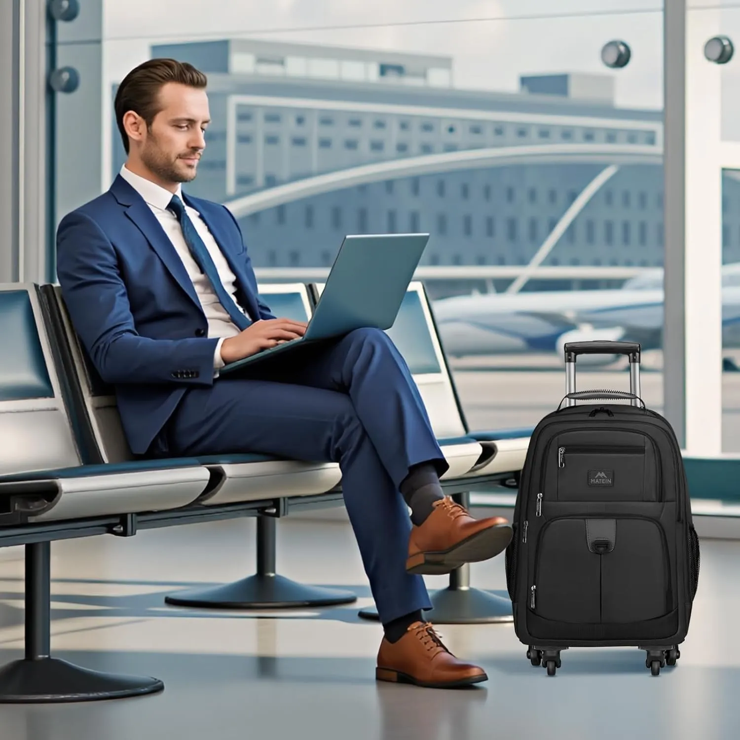 MATEIN Rolling Backpack with 4 Wheels, 17 inch Roller Travel Laptop Backpack for Women Men, Large Water Resistant Business Wheeled Bag, Airline Approved Carry on Luggage Suitcase Bag, Black