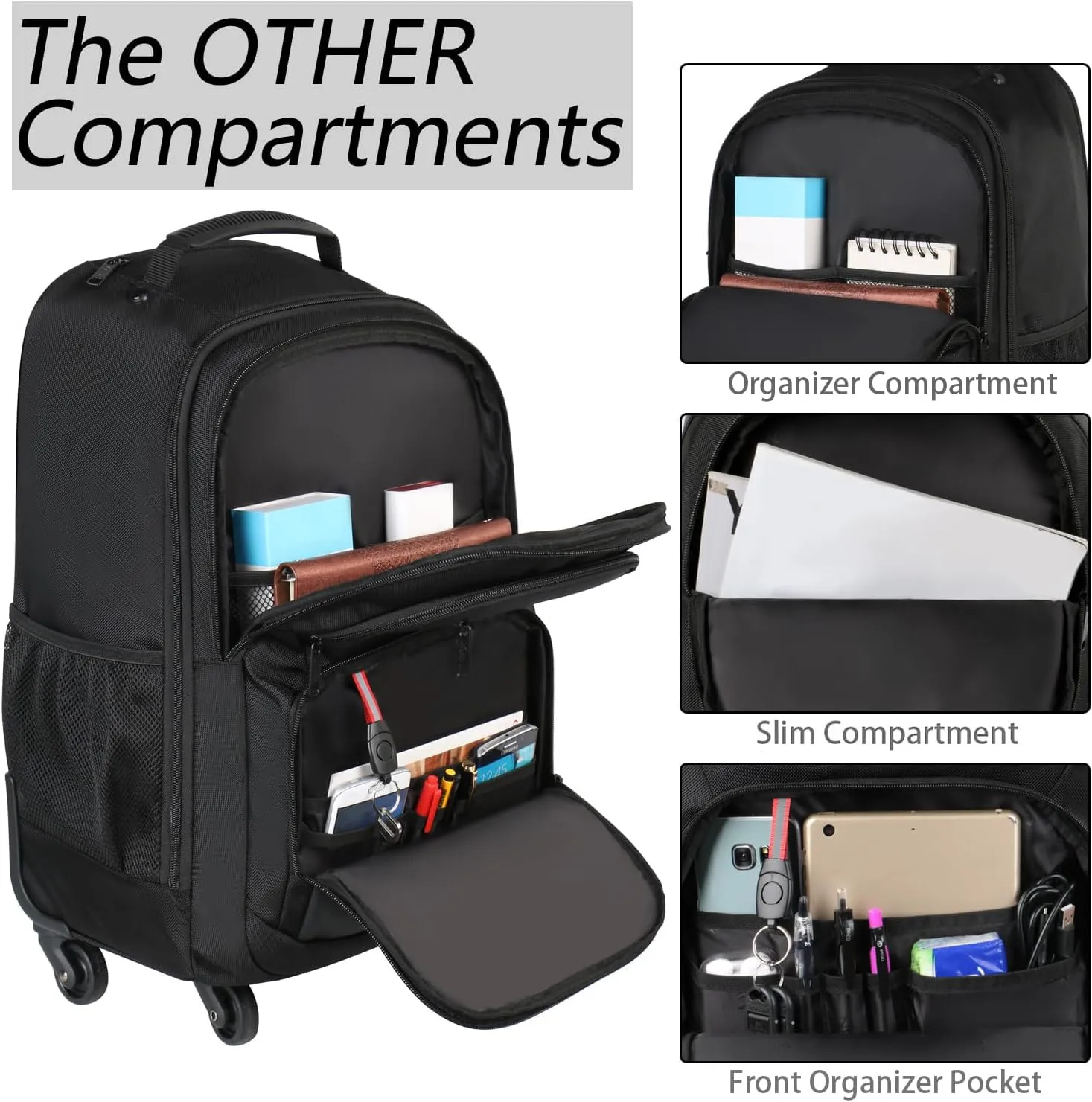MATEIN Rolling Backpack with 4 Wheels, 17 inch Roller Travel Laptop Backpack for Women Men, Large Water Resistant Business Wheeled Bag, Airline Approved Carry on Luggage Suitcase Bag, Black