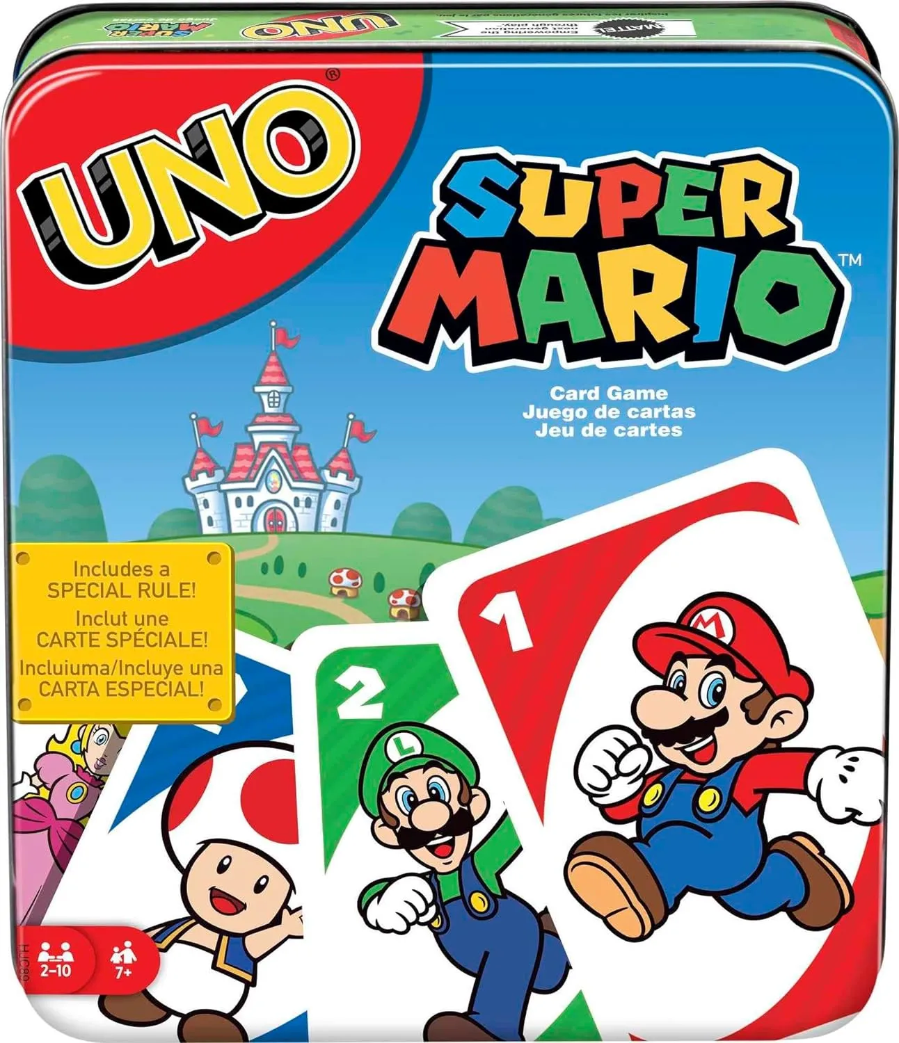 Mattel Games UNO Super Mario Card Game in Storage & Travel Tin, Video Game-Themed Deck for Kids, Adults & Family Nights with Special Rule