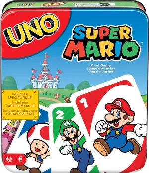 Mattel Games UNO Super Mario Card Game in Storage & Travel Tin, Video Game-Themed Deck for Kids, Adults & Family Nights with Special Rule