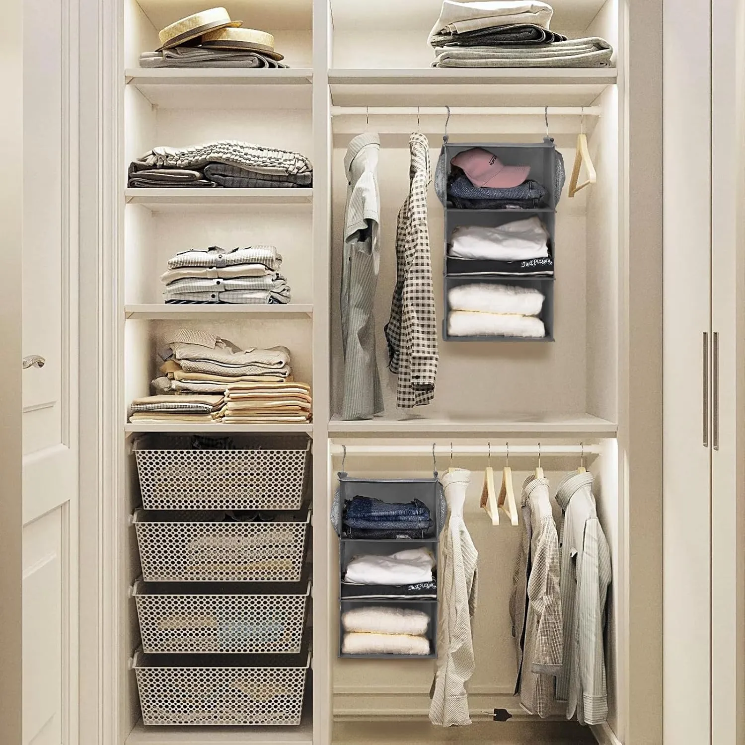 MAX Houser 3 Tier Shelf Hanging Closet Organizer, Closet Hanging Shelf with 2 Sturdy Hooks for Storage, 2 Pack, Foldable (Grey)