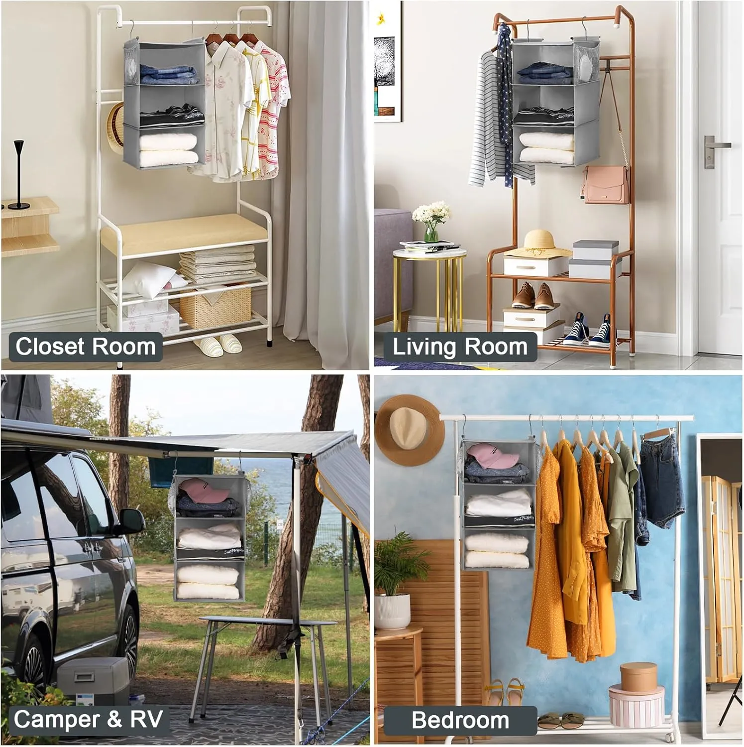 MAX Houser 3 Tier Shelf Hanging Closet Organizer, Closet Hanging Shelf with 2 Sturdy Hooks for Storage, 2 Pack, Foldable (Grey)