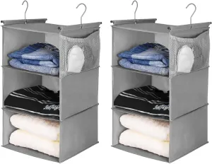 MAX Houser 3 Tier Shelf Hanging Closet Organizer, Closet Hanging Shelf with 2 Sturdy Hooks for Storage, 2 Pack, Foldable (Grey)