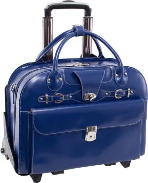 McKlein 15" Leather Fly-Through Checkpoint-Friendly Patented Detachable -Wheeled Laptop Briefcase- ROSEVILLE- Navy