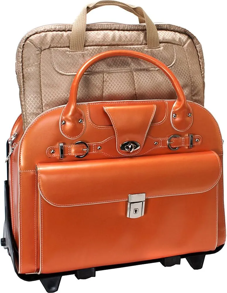 McKlein 15" Leather Fly-Through Checkpoint-Friendly Patented Detachable -Wheeled Laptop Briefcase- ROSEVILLE- Navy