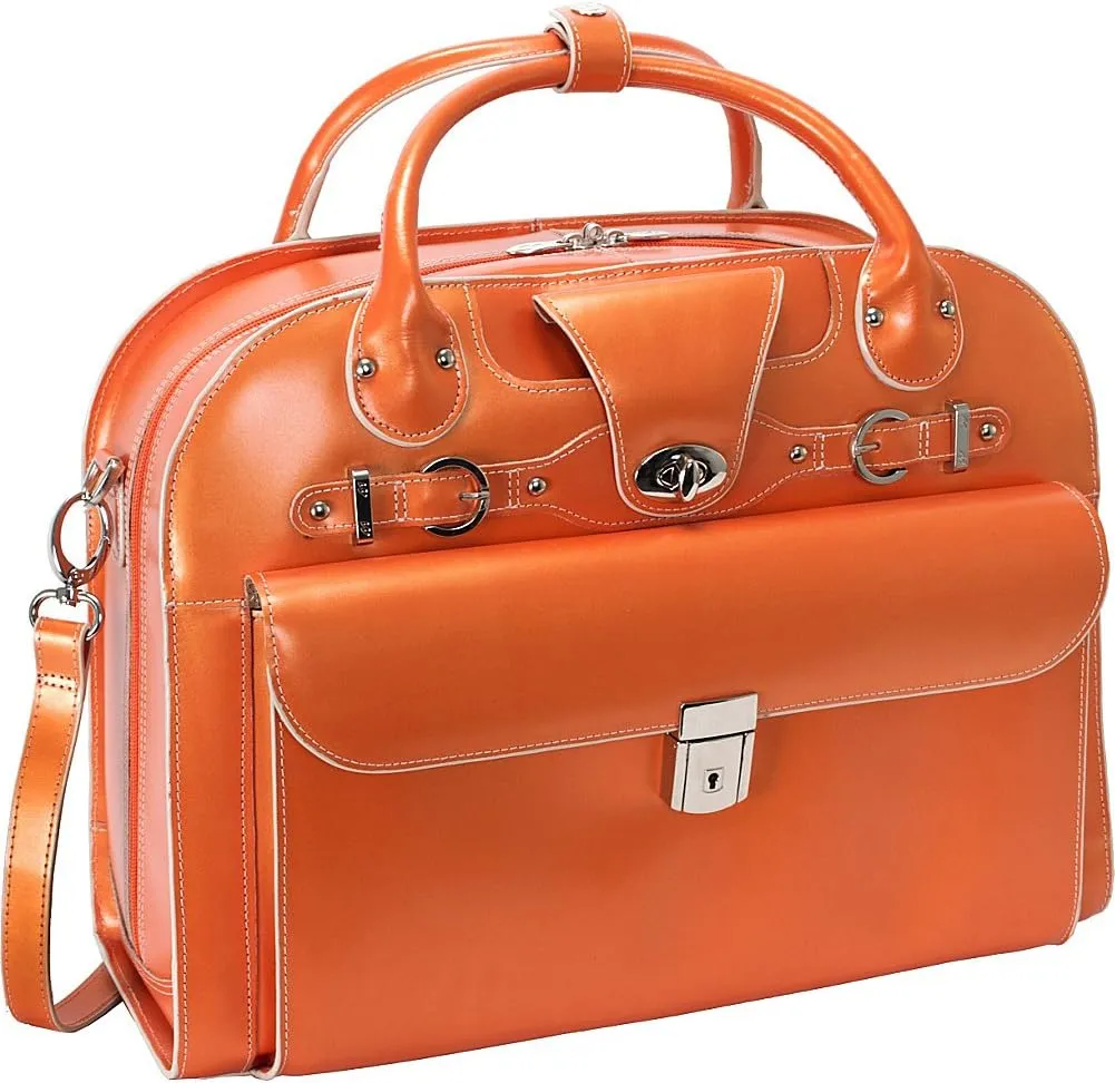 McKlein 15" Leather Fly-Through Checkpoint-Friendly Patented Detachable -Wheeled Laptop Briefcase- ROSEVILLE- Navy