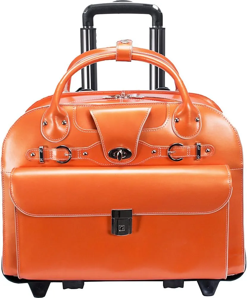 McKlein 15" Leather Fly-Through Checkpoint-Friendly Patented Detachable -Wheeled Laptop Briefcase- ROSEVILLE- Navy