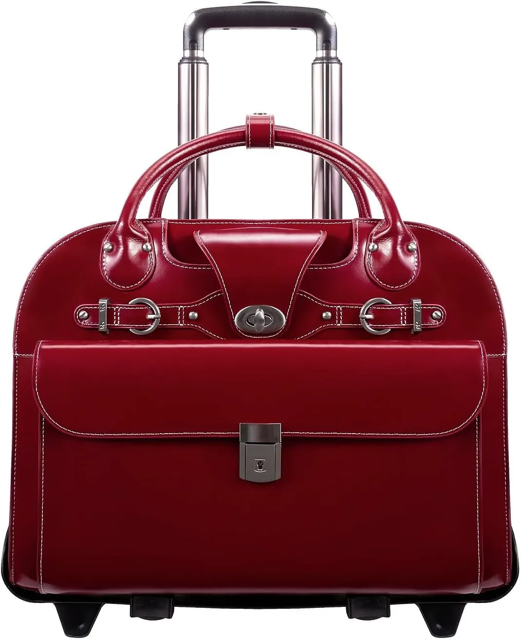 McKlein 15" Leather Fly-Through Checkpoint-Friendly Patented Detachable -Wheeled Laptop Briefcase- ROSEVILLE- Red