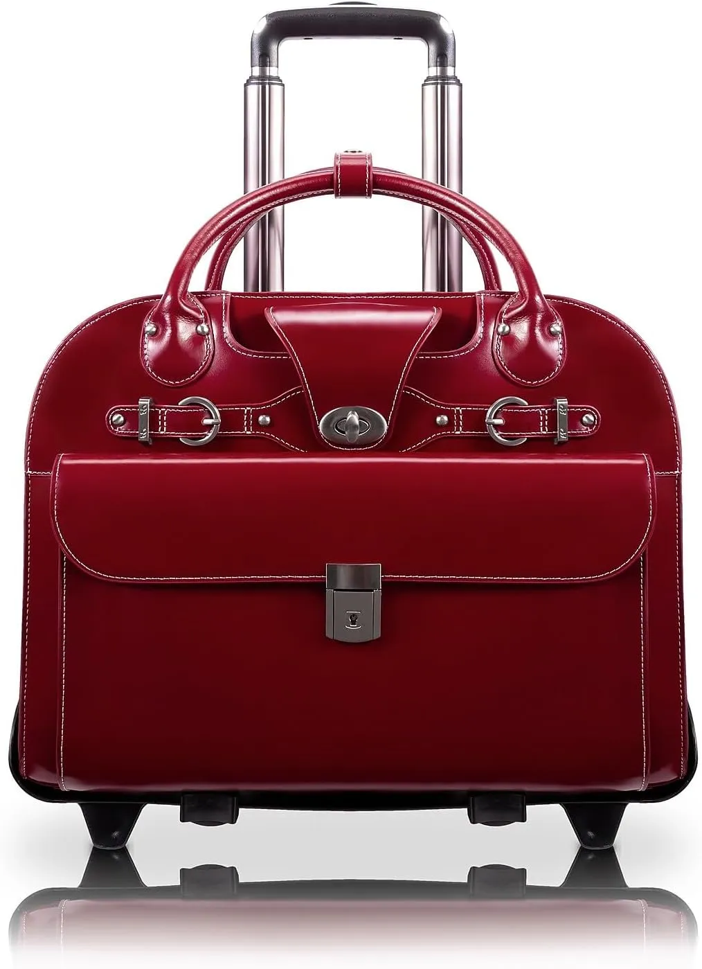 McKlein 15" Leather Fly-Through Checkpoint-Friendly Patented Detachable -Wheeled Laptop Briefcase- ROSEVILLE- Red