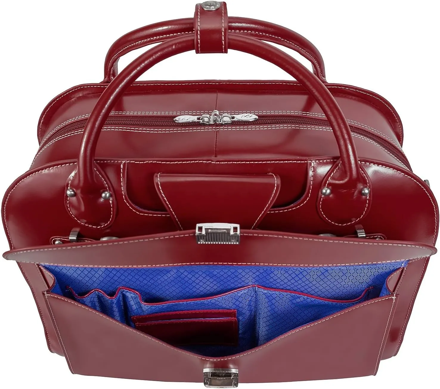 McKlein 15" Leather Fly-Through Checkpoint-Friendly Patented Detachable -Wheeled Laptop Briefcase- ROSEVILLE- Red