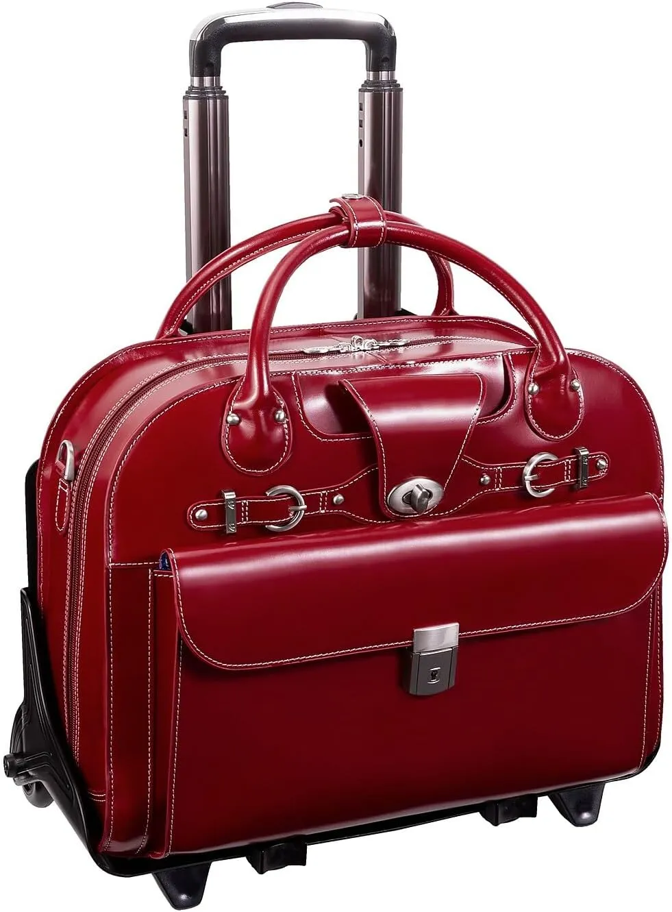 McKlein 15" Leather Fly-Through Checkpoint-Friendly Patented Detachable -Wheeled Laptop Briefcase- ROSEVILLE- Red