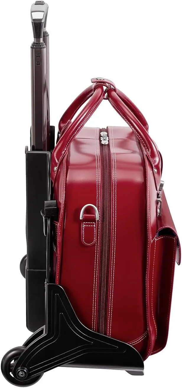 McKlein 15" Leather Fly-Through Checkpoint-Friendly Patented Detachable -Wheeled Laptop Briefcase- ROSEVILLE- Red