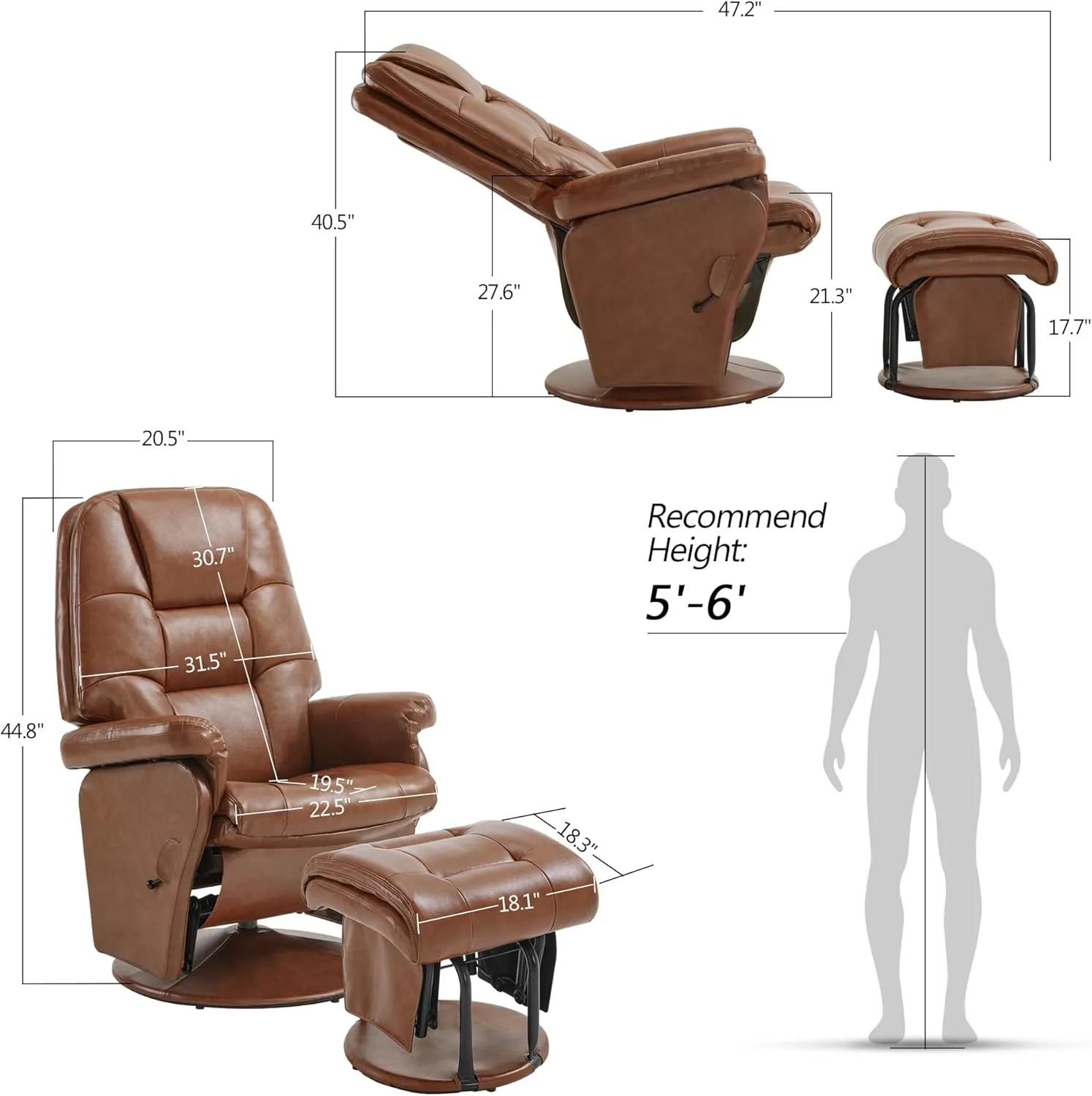 MCombo Swivel Glider Recliner with Ottoman, Reclining Chair with Adjustable Back, Faux Leather Upholstered Lounge Chair for Living Room Bedroom 4800 (Brown)