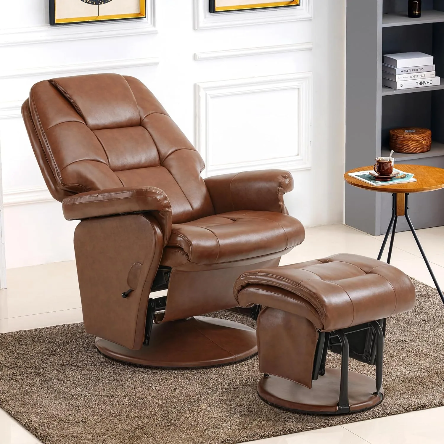 MCombo Swivel Glider Recliner with Ottoman, Reclining Chair with Adjustable Back, Faux Leather Upholstered Lounge Chair for Living Room Bedroom 4800 (Brown)