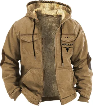 Men's Aztec Western Jackets Winter Warm Thicken Vintage Suede Jackets Men Zip Up Faux Leather Jacket Coats