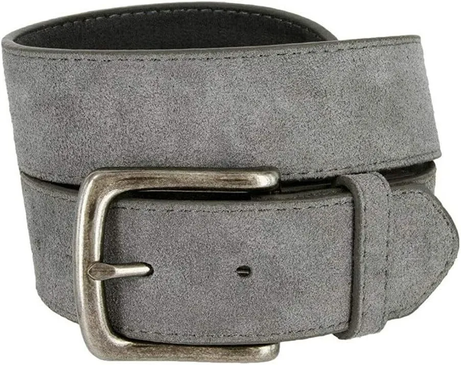 Men's Belt Rounded Edge Heel Bar Buckle Casual Jean Suede Leather Belt 1 1/2" Wide