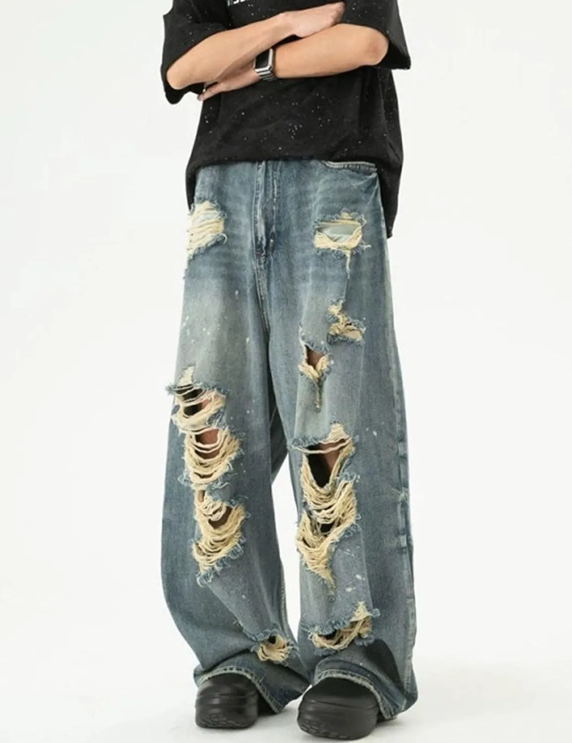 Men's Blue Baggy Y2K Vintage Ripped Denim Pants Hip Hop Skater Jeans Streetwear Wide Leg Ripped Jeans