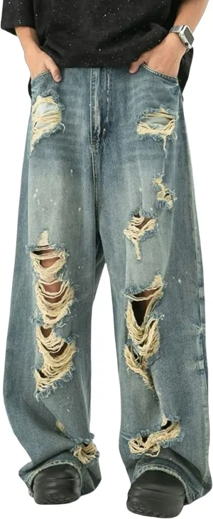 Men's Blue Baggy Y2K Vintage Ripped Denim Pants Hip Hop Skater Jeans Streetwear Wide Leg Ripped Jeans