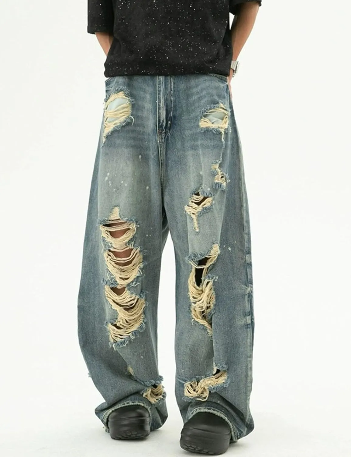 Men's Blue Baggy Y2K Vintage Ripped Denim Pants Hip Hop Skater Jeans Streetwear Wide Leg Ripped Jeans