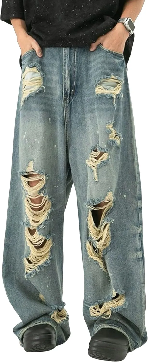 Men's Blue Baggy Y2K Vintage Ripped Denim Pants Hip Hop Skater Jeans Streetwear Wide Leg Ripped Jeans