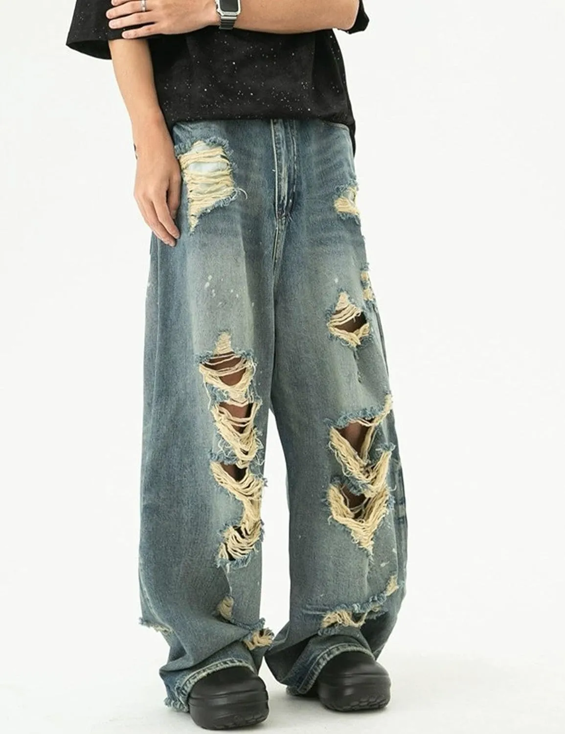 Men's Blue Baggy Y2K Vintage Ripped Denim Pants Hip Hop Skater Jeans Streetwear Wide Leg Ripped Jeans