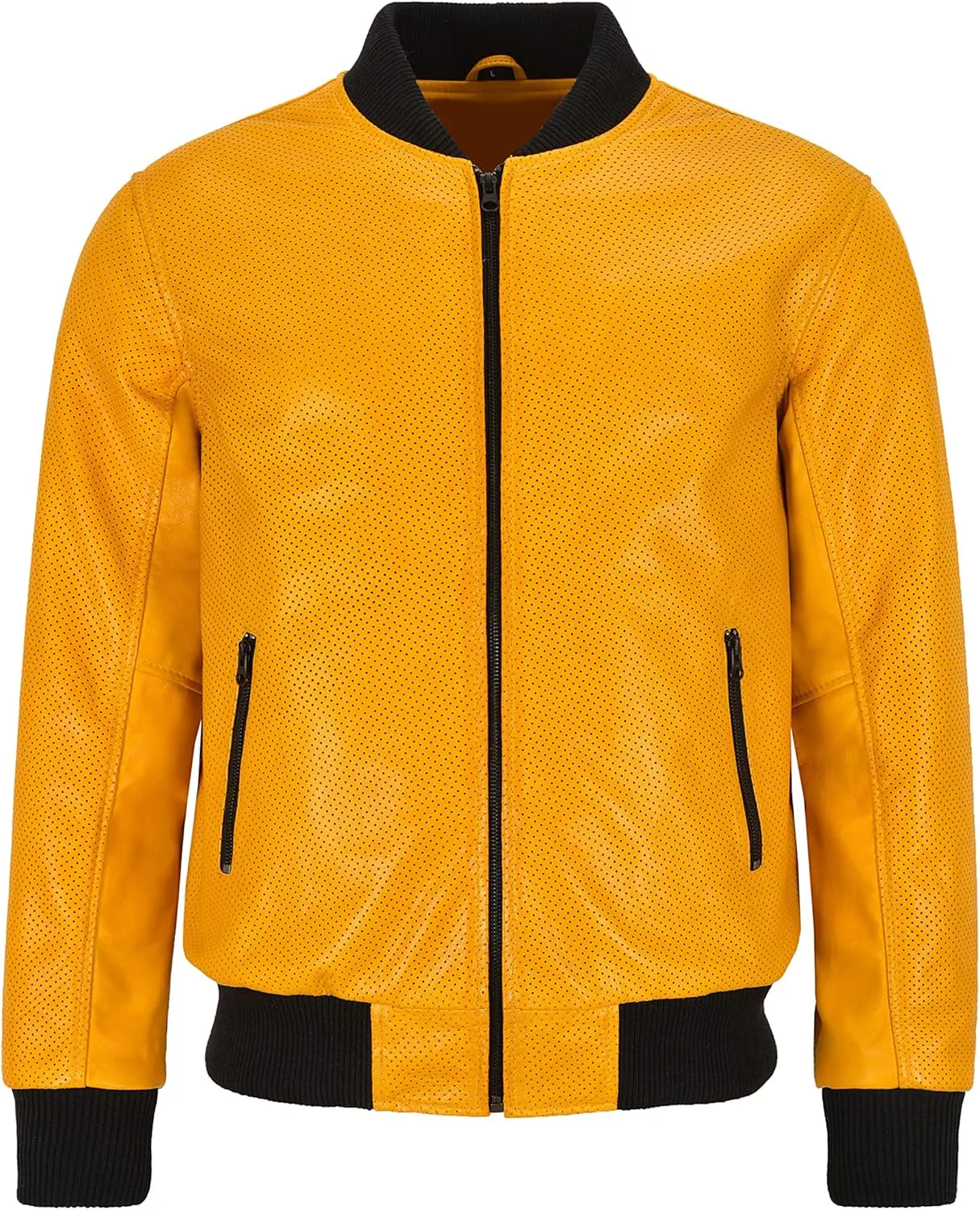 Men's Bomber Leather Jacket Perforated Yellow Mustard Napa Leather Classic Aviator Series 4987