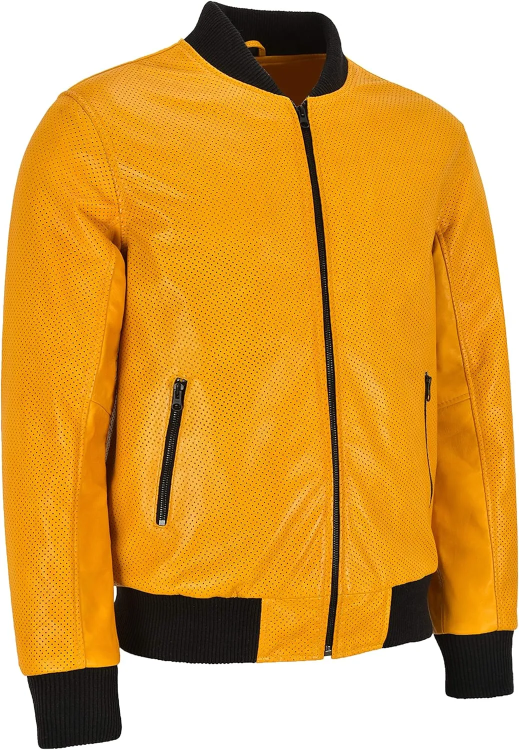 Men's Bomber Leather Jacket Perforated Yellow Mustard Napa Leather Classic Aviator Series 4987