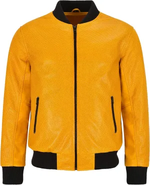 Men's Bomber Leather Jacket Perforated Yellow Mustard Napa Leather Classic Aviator Series 4987