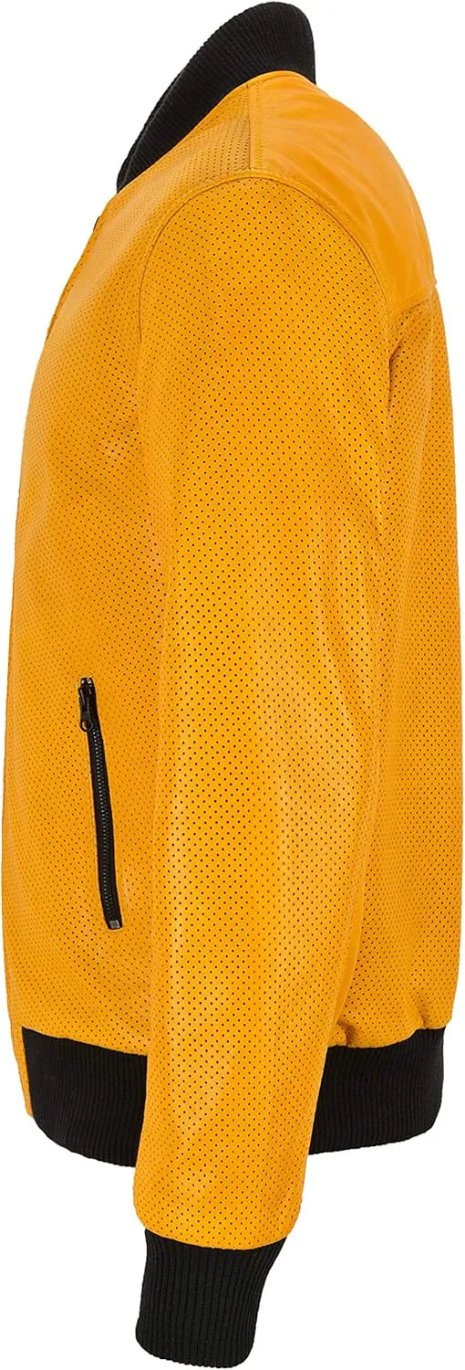 Men's Bomber Leather Jacket Perforated Yellow Mustard Napa Leather Classic Aviator Series 4987