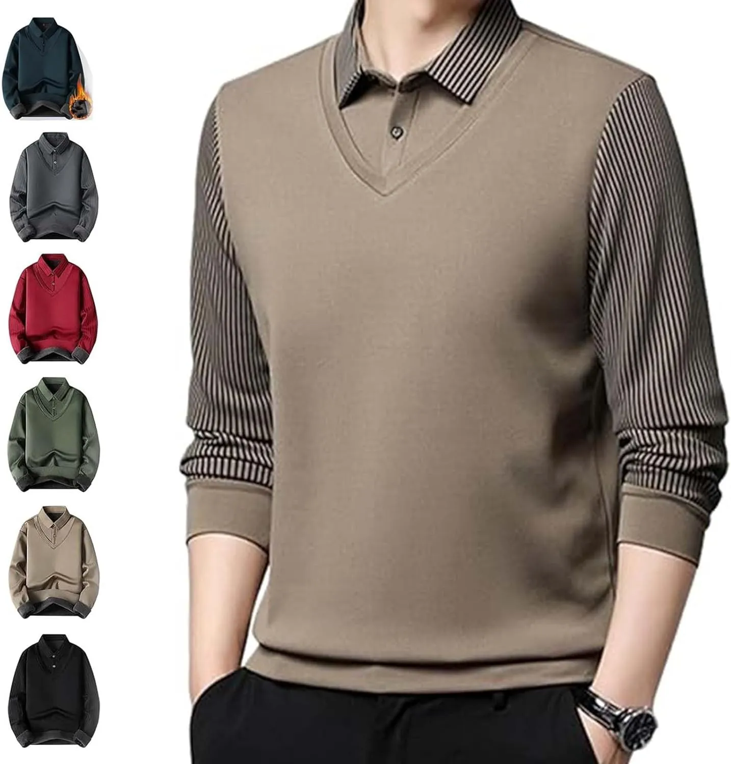 Men'S Faux Two Piece Lapel Long-Sleeve Tops,Men'S Striped Lapel Fake 2 Piece Shirt, Spring Fall Casual Fashion Base Tops