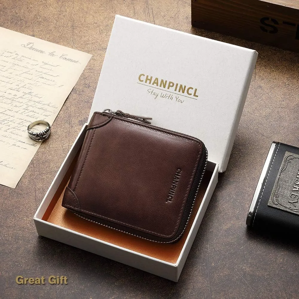 Mens Genuine Leather Zipper Wallet RFID Secure Large Capacity Double Fold Multi-card Leather Wallets for Men and coin purse