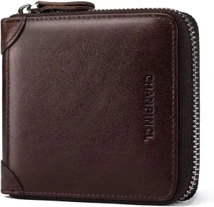 Mens Genuine Leather Zipper Wallet RFID Secure Large Capacity Double Fold Multi-card Leather Wallets for Men and coin purse